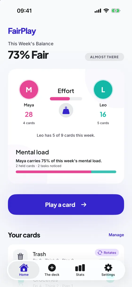 FairPlay home screen showing this week's balance of effort and mental load between two partners