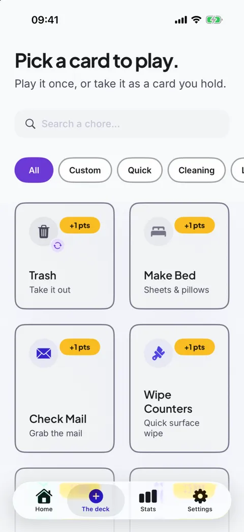 FairPlay app screen showing the grid of chore cards with their points